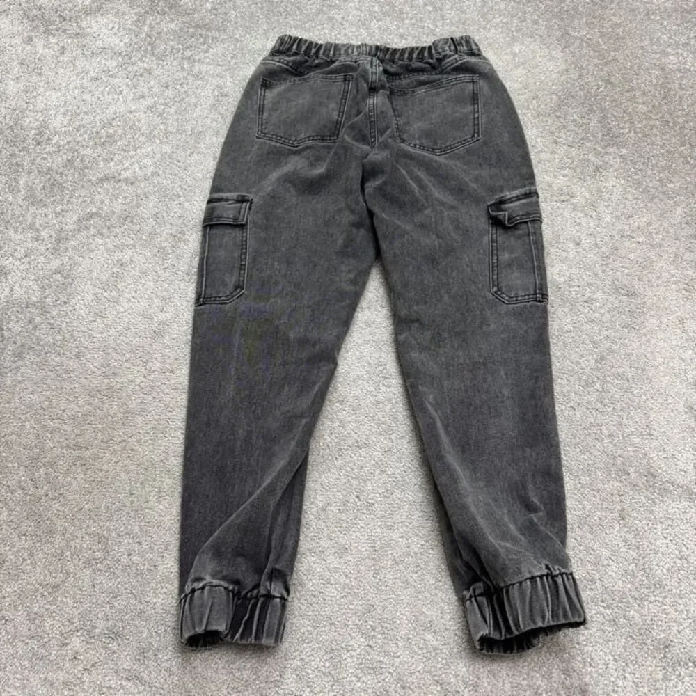 Adika Cargo Jogger Denim Jeans Womens Large Faded Black Acid Wash High Rise Y2K